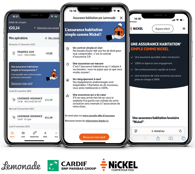 logo lemonde, logo cardif BNP PARIBAS GROUP, logo NICKEL compte pour tous